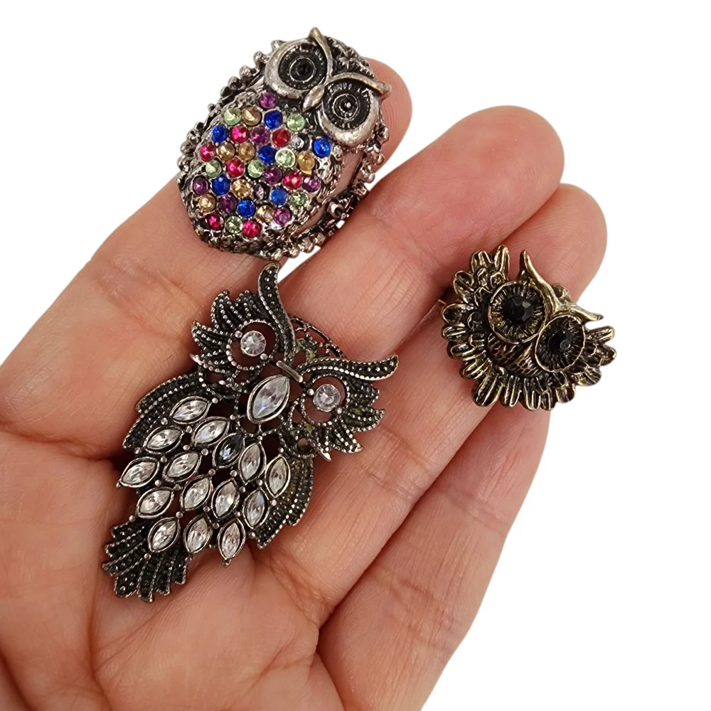 Bundle of 3 Owl Rings Antique Silver And Brass Tone With Rhinestones - Picture 8 of 15